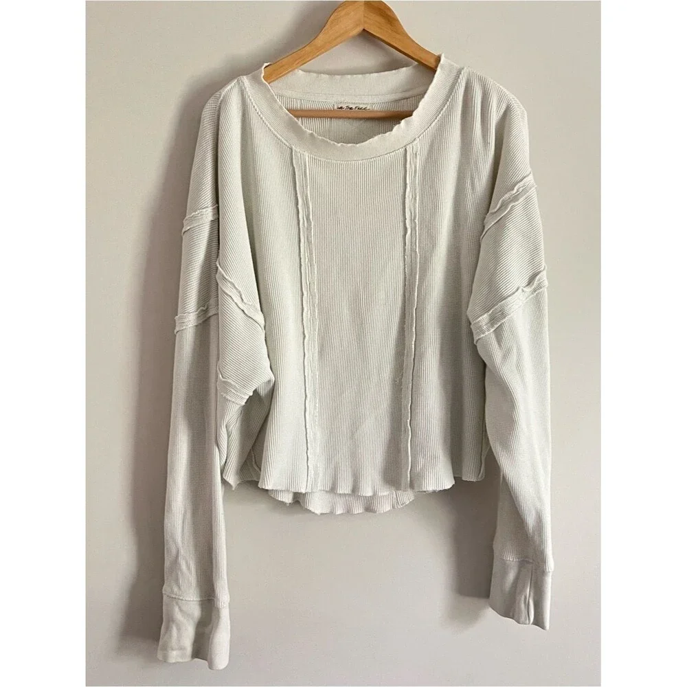 Free People Thermal Knit Long Sleeve Top Oversized Boho Ivory Size XL
